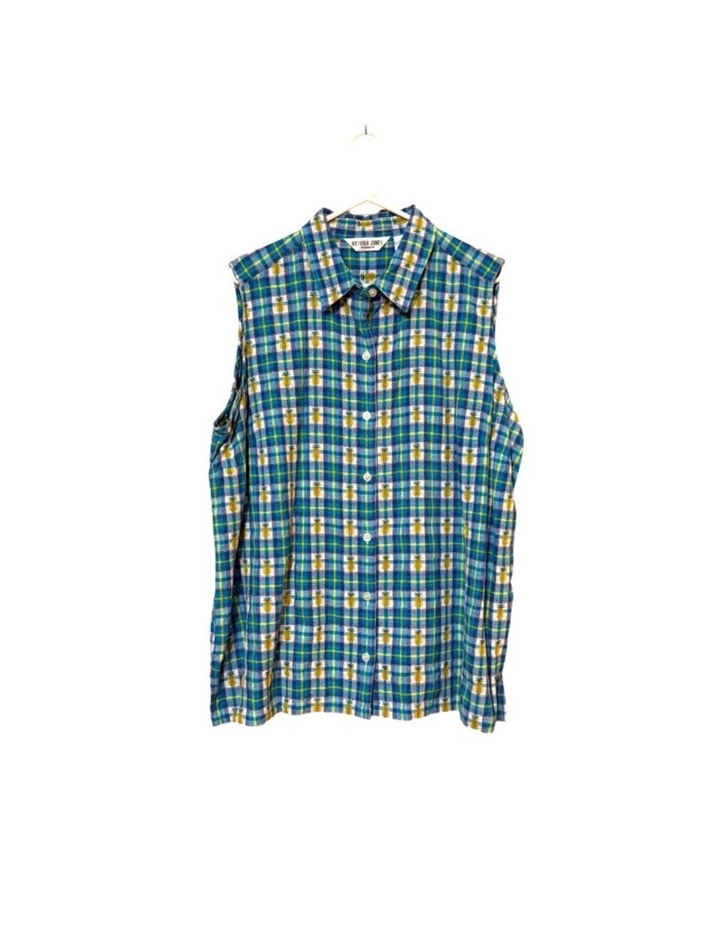 Victoria Jones Womens Pineapple Print Sleeveless Button-Up 2X‎ Blue Plaid Cotton